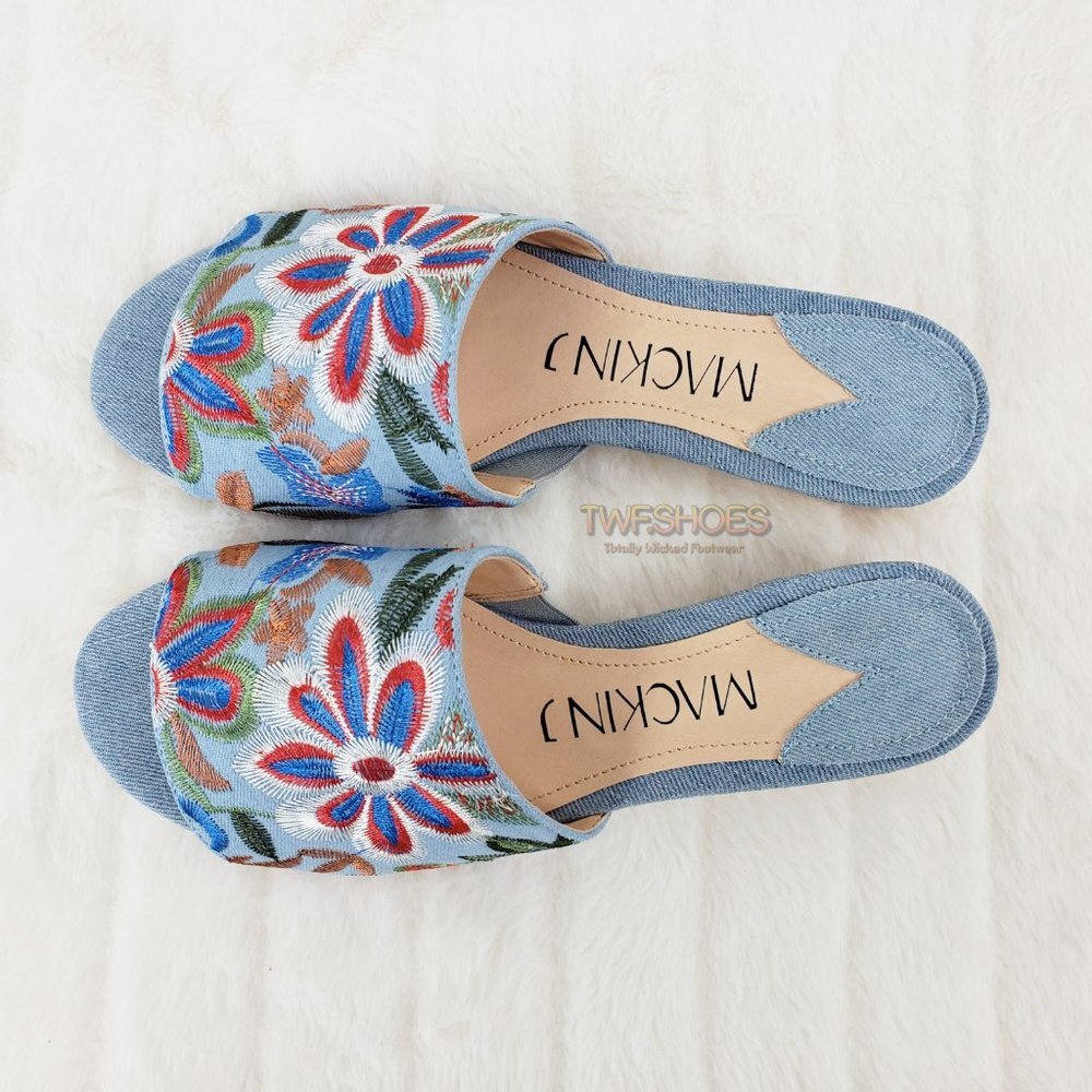 Flower Power Embroidered Denim slip on mule clogs Wood Wrap Heels 70's - Picture 6 of 10